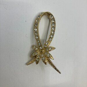 Vtg gold tone rhinestone crystal bow flower brooch